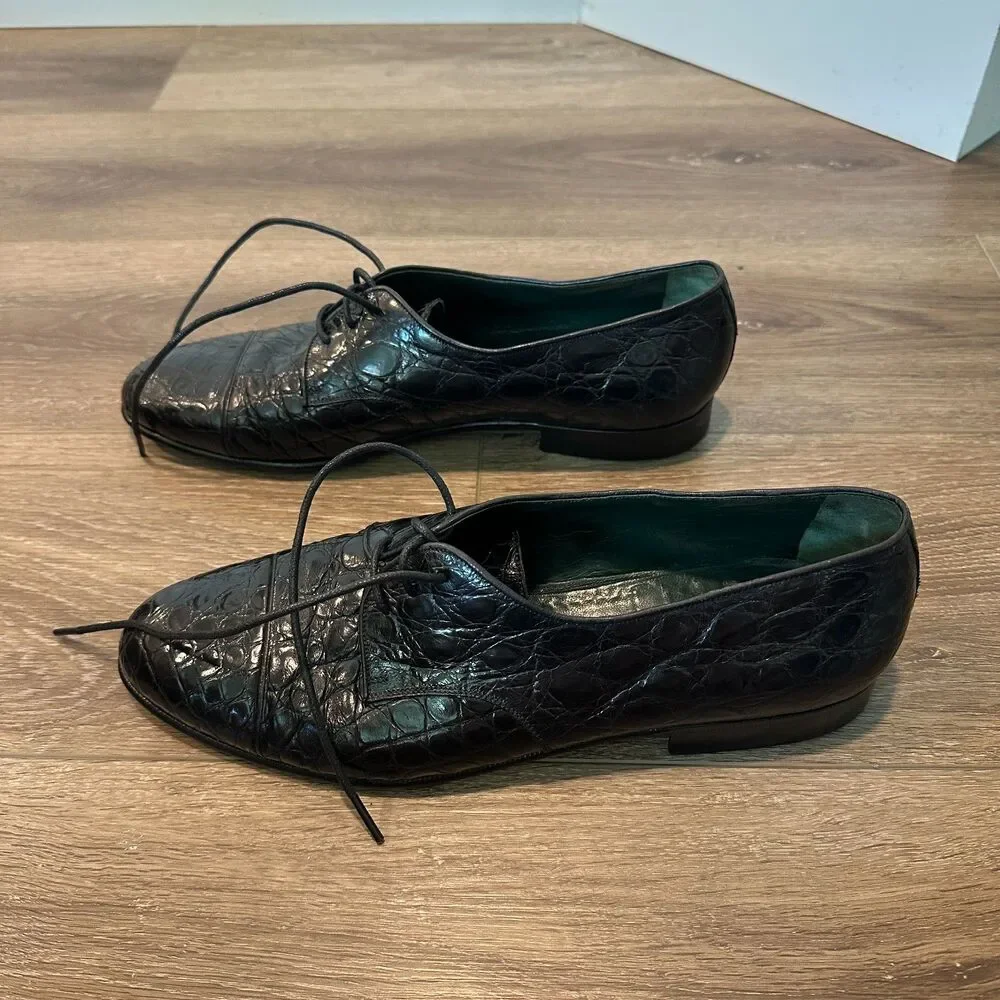 Vintage Gucci Black Alligator Leather Lace Up Derby Dress Shoes Mens Size 10